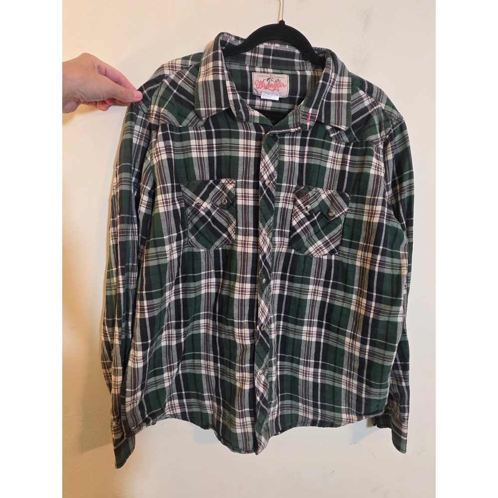 Wrangler American Cowboys Mens XL Green Plaid Western Pearl Snap Shirt MV1415G